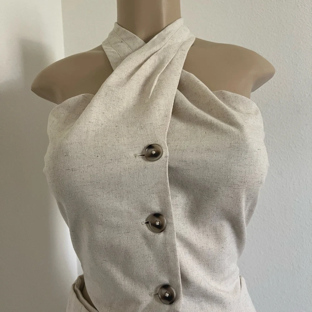 Chic Linen Blend 2-Piece Set | Halter Crop Top & Wide Leg Pants Size Small - Picture 4 of 9